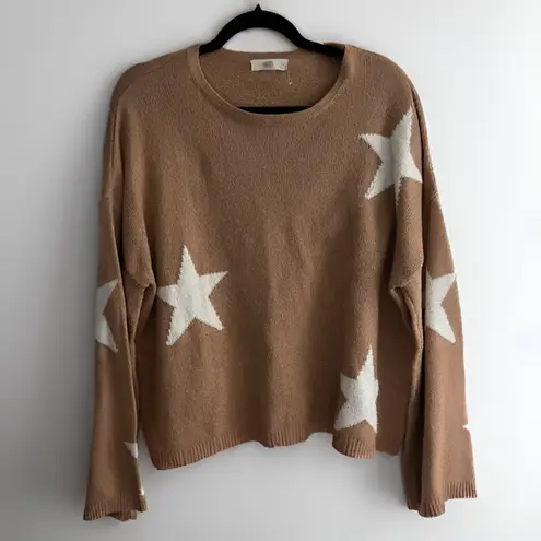 Talulah Tan Beige Star Pattern Sweater, Medium – Cozy Knit Winter Crewneck Pullover