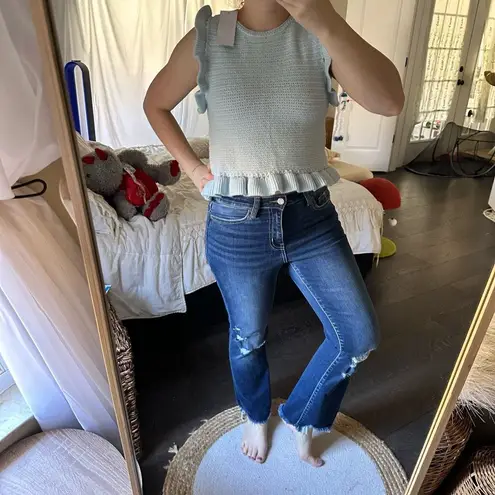 Goodnight Macaroon Women’s Small Blue Crochet Sweater Ruffle Top NWT