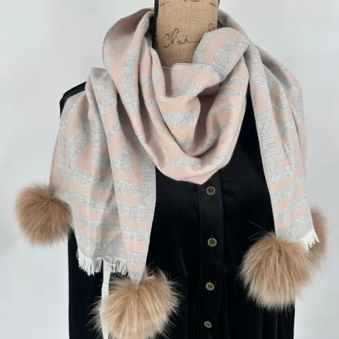 Vibrant Cashmere Scarf with Faux Fur/Fur Pom Poms Gray & Tan Striped Abstract