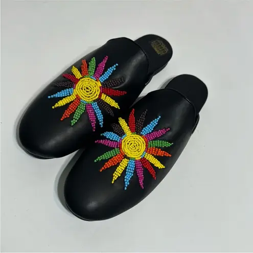 Farm Rio New Beaded Sunshine Black Leather Flat Mules with dust bag Size 6