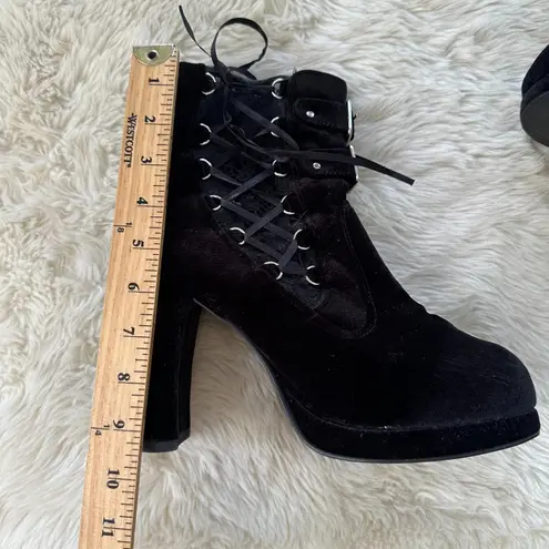 Demonia Crypto-51 Black Ankle Boots Black Velvet + Lace Size 8 Steampunk Goth 4"