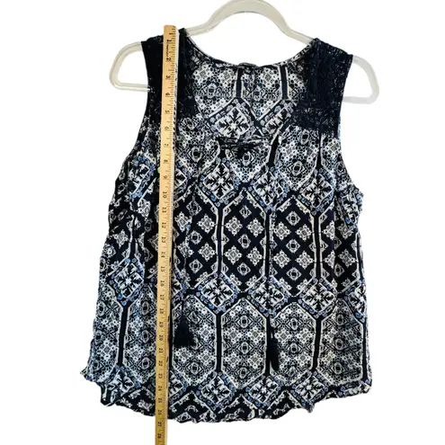 Relativity 1X Navy Blue Printed Tank Top Sleeveless Lace Tassel Boho Blouse