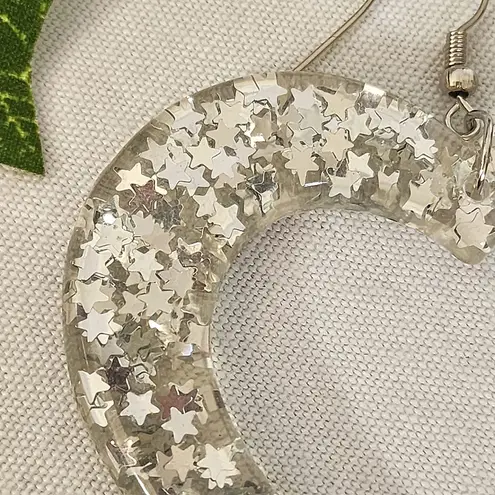 Clear Resin Heart Hoop Earrings with Silver Metallic Stars