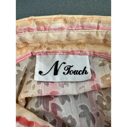 Vintage Y2K N Touch Floral Stripe Sheer Button Down Blouse 3/4 Sleeve Boho Retro Pink Size L