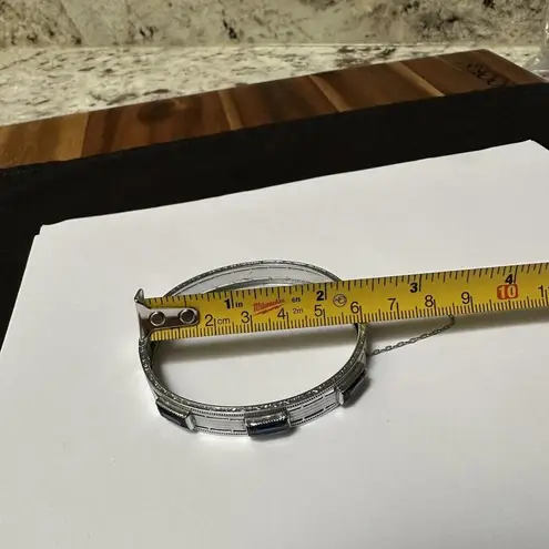 Pacific&Co Vintage Signed NuWite R&G . Art Deco Hinged Bangle Bracelet Safety Chain Blue