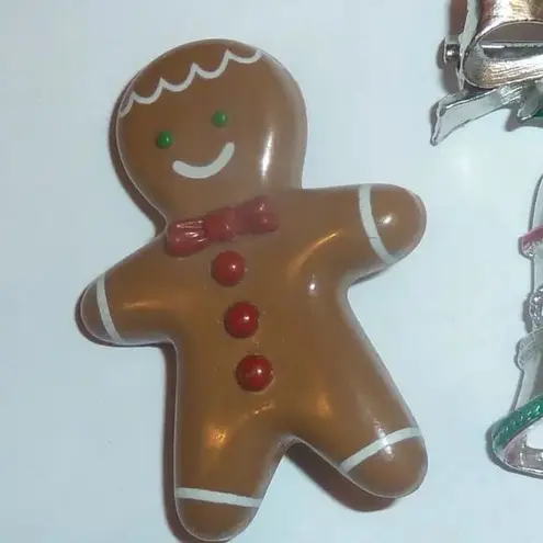 2 Vintage Xmas Christmas Holiday Brooches Pins, Gingerbread Man, Silver Bell EUC