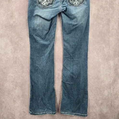 None 017. Blue Embroidered Stud Rhinestone Straight Leg Stitch Denim Pants Jeans 10