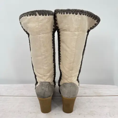 Vintage Y2K 90s American Eagle Wedge Heel Faux Suede Boots Crochet Midcalf Boho Gray Size 6.5