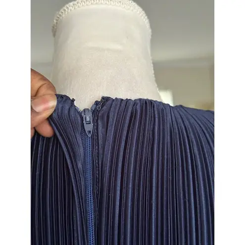 Vintage Navy Blue Pleated Long Sleeve Midi Dress Beaded Waist & V