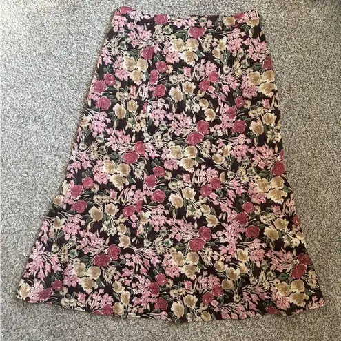 Notations Floral Midi Skirt - Pink and Brown Casual Stretch Large