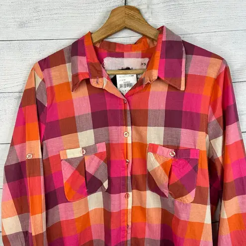 Jak Womens size XL Plaid Cotton Folklore 3/4 Sleeve Button Top Blouse NEW Pink