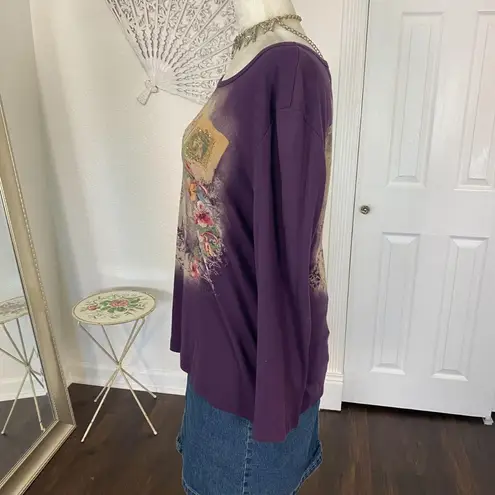 Early 2000's Dark Purple Sequin Studded Whimsygoth Graphic Long Sleeve XL