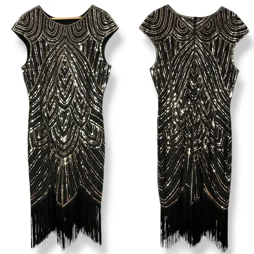 Fundaisy Flapper Dress NYE Beads Sequins Fringe Sz 2XL Great Gatsby 1920s Party Black