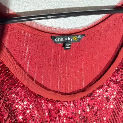 Chaudry KC Red Sequin Sleeveless Top | Beaded Party Blouse | Size Small