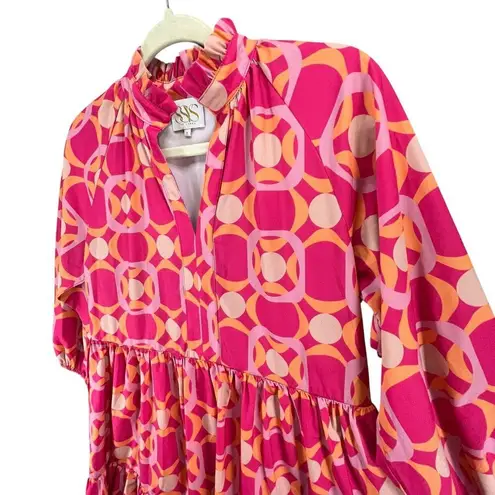 SSYS the Mix Print Tatum Dress Womens S Hot Pink Orange Tiered Babydoll Preppy
