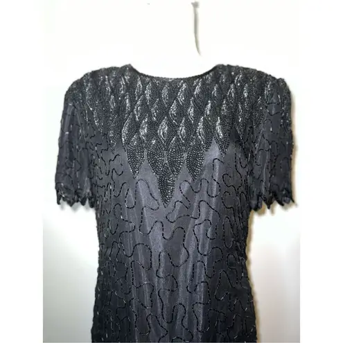 100% Silk Vintage Women’s Black Beaded Open Back MIDI Dress LARGE
