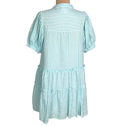 &merci &merci Aqua White Striped Seersucker Tiered Mini Dress S Half Button Puff Sleeve