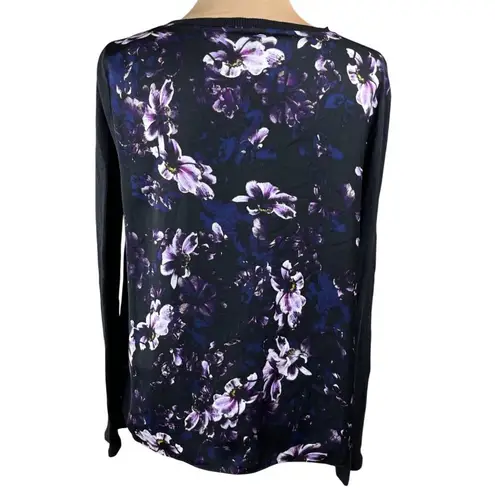 Simply Vera Multi Media Top Black Purple Floral Size L Large Ribbed Sleeve