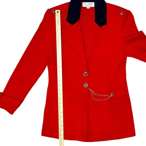 St. John Collection Knit Blazer Red Gold Chain Navy Trim 10 Vintage Luxury Jacket