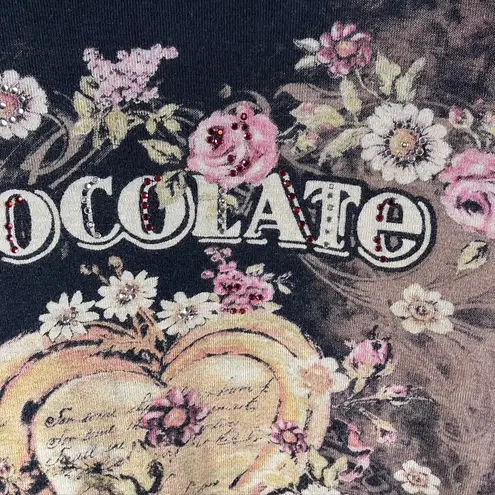 Katina Marie Floral Chocolate Rhinestone Print Long Sleeve Top Womens L USA Made Black Size L