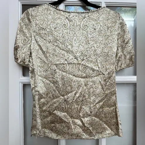 Josie Natori 100% Silk Cream & Gold Puff Sleeve Scalloped Neck Blouse Size XS