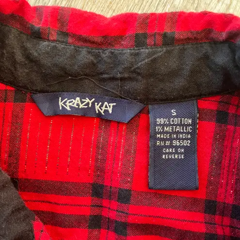 Krazy Kat Womens Red Plaid Christmas Button Up - S