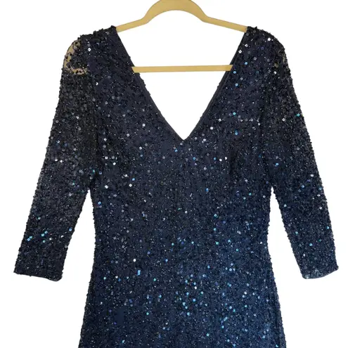 JS Collections Navy Blue Sequin V Neck Long Sleeve Sheath Cocktail Dress 12