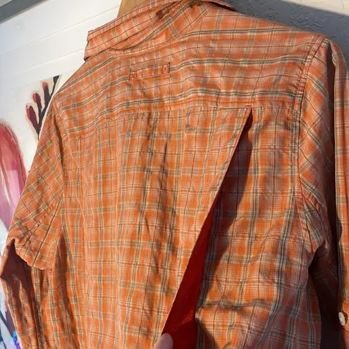 Duluth Trading Orange Plaid Button Up Shirt Western Nylon Large Outdoor Fall