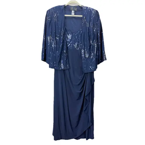 Alex Evenings Alex Evening Blue Sequins Two Piece Jacket Sleeveless Midi Dress Size 24W - Image 3