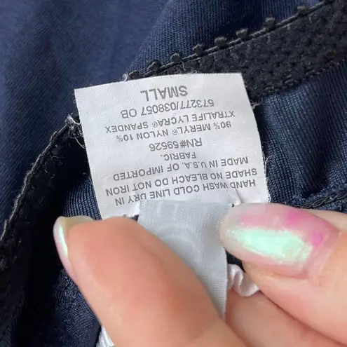 Becca Women's Size Small Floral Embroidered Crochet Strap Navy Tankini Swim Top