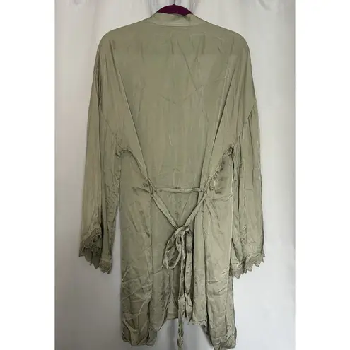 BHLDN Anthropologie Matine Satin Robe Large Sage Green Lave Trim Sleep Lounge
