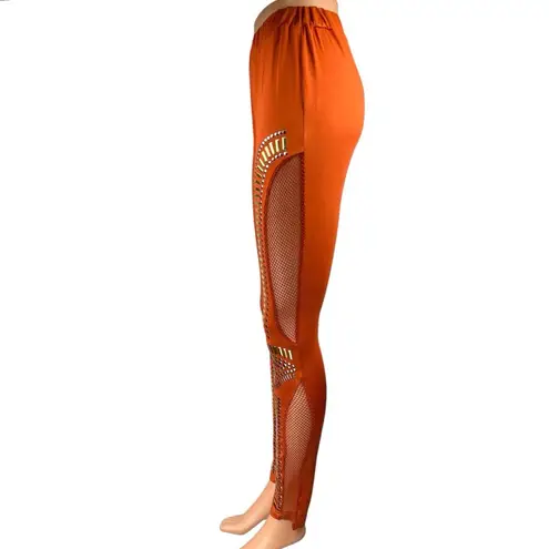 Rehab Orange Studded Fishnet Jeweled Skinny Mid Rise Trousers Leggings Pants L