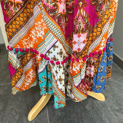 RD & KoKo Colorful Patchwork Maxi Skirt Pom Pom Festival Boho Hippie Size M