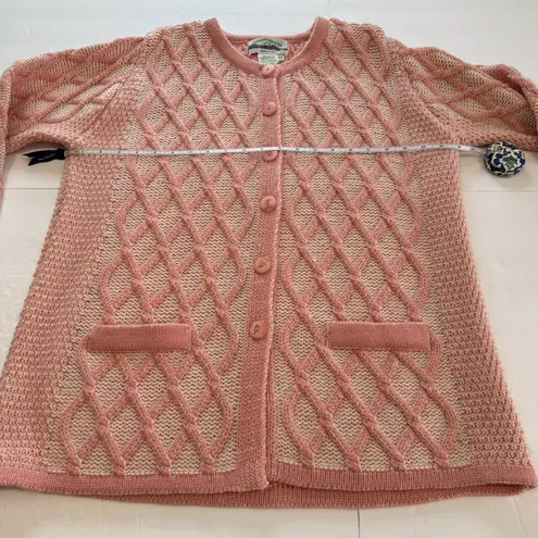 Aran Crafts Coral Merino Wool Button Up Cardigan Cable Sweater Size MEDIUM