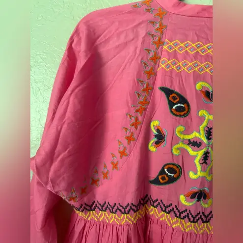 Frances Valentine Blouse Womens M Pink Embroidered Barbiecore Wrap Boho Tunic Size M
