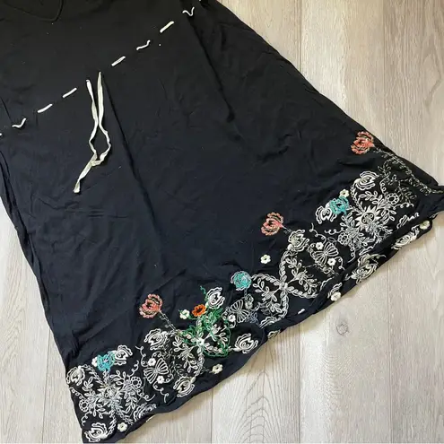 Future Paradise Linen Floral Embroidered String Waist Dress Black (Large) summer