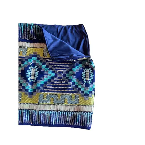Fate Blue Geometric Sequin Mini Skirt Lined Aztec Beaded Bodycon Party Small Blue
