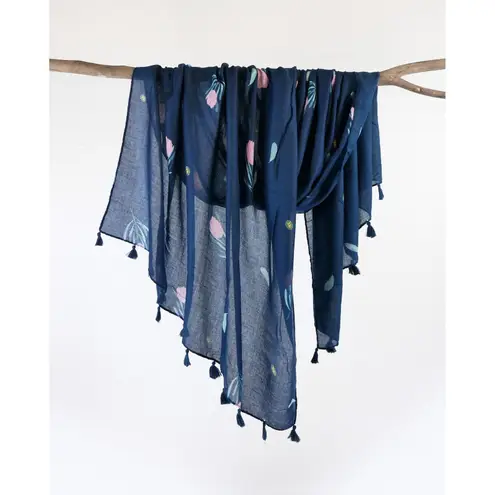 NEW Boho Floral Design Tasseled Rectangle Soft Chic Scarf Large Blue Pink White