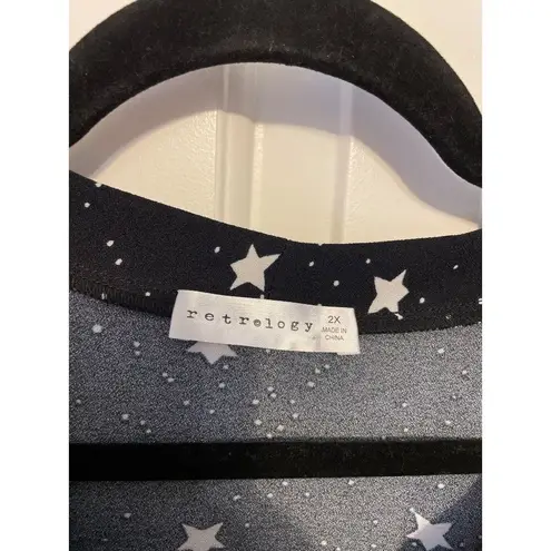 Black Star Print Long Sleeve Blouse With Tie Neckline Retrology 2X