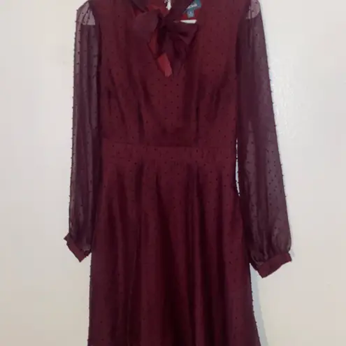 Modcloth  Burgundy Swiss Dot Chiffon Sheer Sleeve Dress Neckbow Size 2