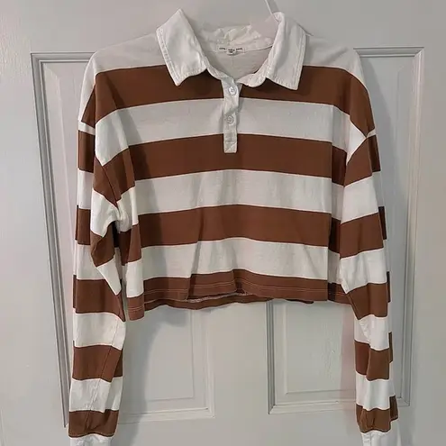 love on a hanger Brown Striped Polo Collar Long Sleeve Cropped Casual Tee