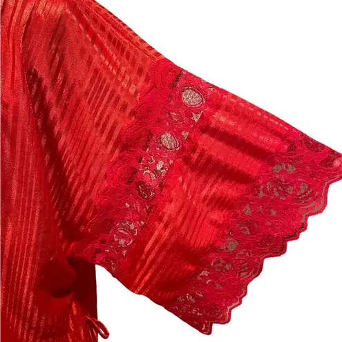 Nite Images Vintage Lipstick Sultry Red Satin Silky Shimmer Striped Lace Robe Size L