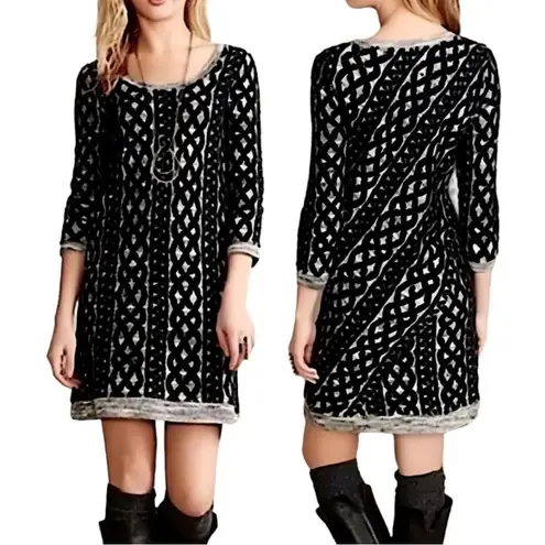 Anthropologie Moth Fair Isle Chenille Cable Knit Pattern Sweater Dress Small Black