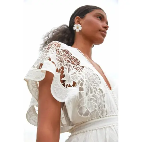 Farm Rio NWT  Richelier Midi in Off-white Lace Tiered Ruffle Dress XS $280