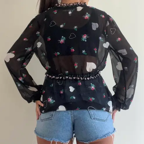 Avec Les Filles Black Semi Sheer Heart Romantic Blouse