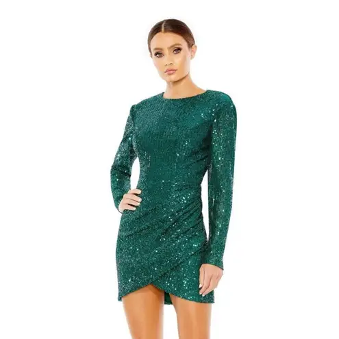 Mac Duggal NWT 11291 Short Sheath Dress Long Sleeve Sequins Ruched Emerald Sz 8