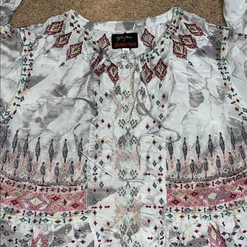 Johnny Was Biya Deliza Embroidered silk Boho Tunic Blouse Large
