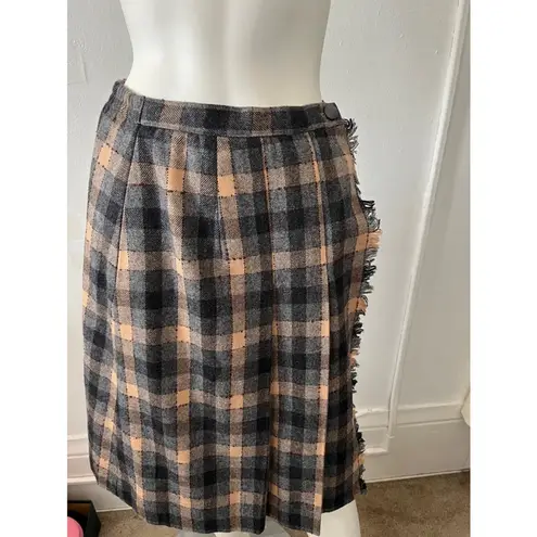 Vintage 80s beige green ruffled wool rustic plaid checkered skirt suit w/scarf S Tan Size M