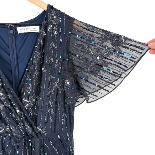 Mac Duggal Sequin Embellished Beaded Faux Wrap Gown Navy Blue Sz 14 NWT 93654