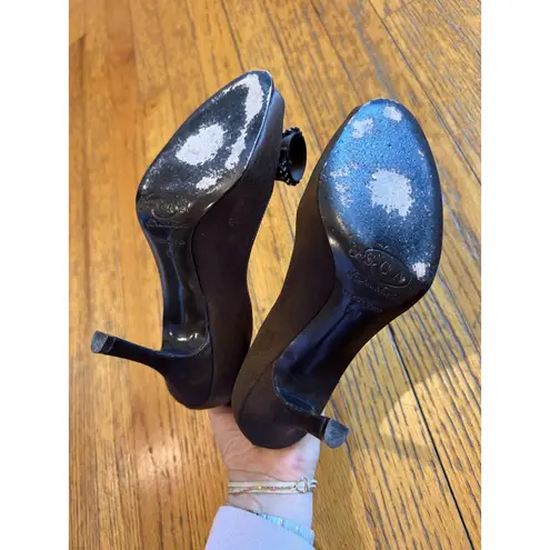 Oscar de la Renta Shoes Womens Size 7M Brown Bow Crystal Peep Toe Heels Italy